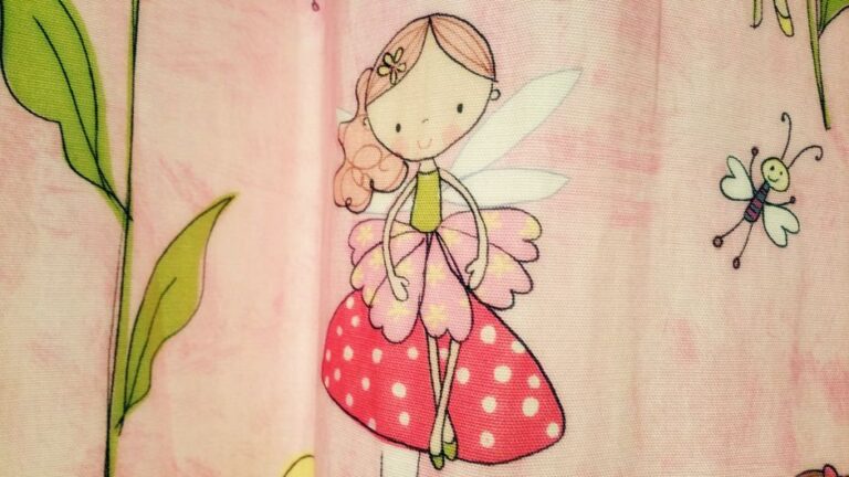 Adorable cartoon fairy illustration on whimsical pink fabric background with insect friend.